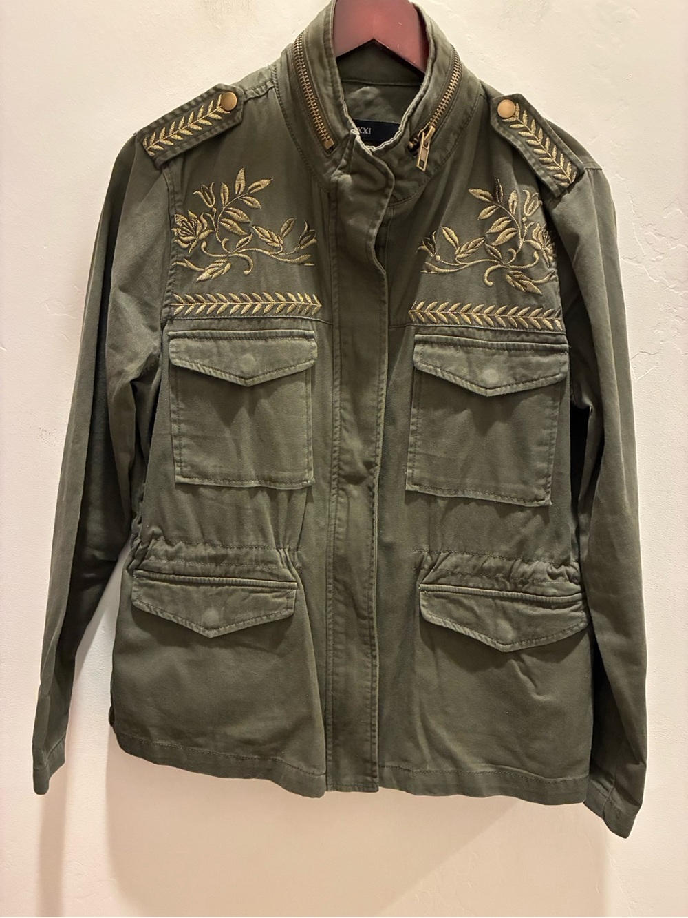 Forever 21 Olive Green Utility Jacket with Gold Embroidery Sz L